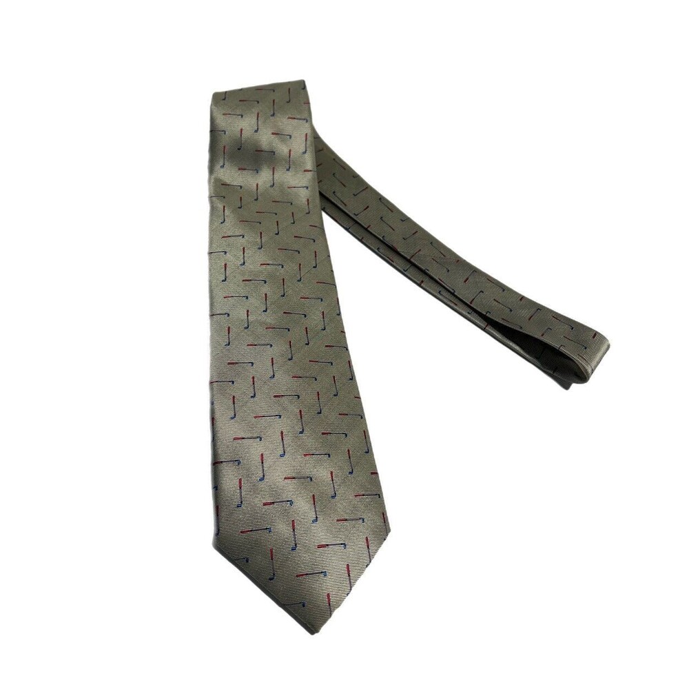 Dunhill Mens Necktie Red Blue Golf Clubs On Metallic Base Made in England